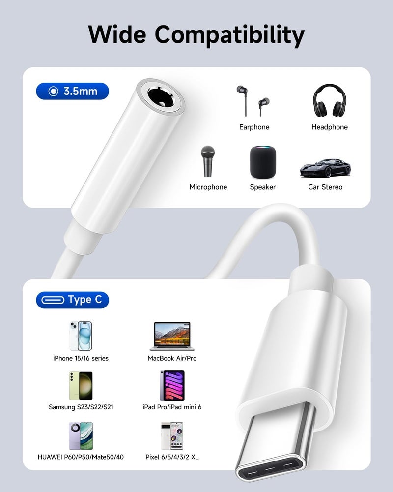 Criello محول سماعات الرأس USB C إلى 3.5 مم، كابل محول نوع C إلى جاك متوافق مع Apple iPhone 17 16 15 Pro Max Plus، iPad، MacBook، Samsung Galaxy S24 S23 S22 S21 Ultra، Pixel (3-Pack) - Image 4